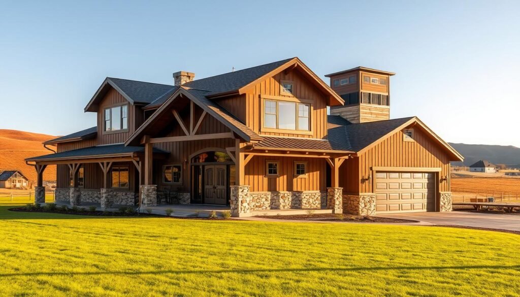 A modern barndominium design with a rustic, cozy ambiance. The exterior features a mix of wood and stone, with a wraparound porch and large windows allowing natural light to flood the interior. In the foreground, a well-manicured lawn leads to the entrance, while in the middle ground, a detached garage with a loft space adds to the overall functionality. The background showcases a pastoral landscape with rolling hills and a clear, blue sky, creating a serene and tranquil setting. The lighting is soft and warm, highlighting the textures and materials used in the construction. The camera angle is slightly elevated, providing a comprehensive view of the customized barndominium design.