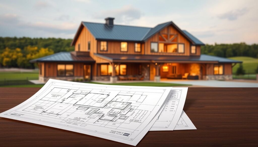 A modern barndominium, meticulously designed with a rustic charm. The exterior features a mix of wood siding and sleek metal roofing, creating a harmonious blend of traditional and contemporary elements. In the foreground, detailed construction plans are laid out, showcasing the comprehensive layout and dimensions. The middle ground highlights the open-concept floor plan, with airy spaces and large windows that allow natural light to flood the interior. In the background, a lush, verdant landscape sets the stage, hinting at the tranquil, countryside setting. Warm, soft lighting casts a cozy glow, evoking a sense of comfort and homeliness. The overall composition conveys the practicality and aesthetic appeal of these ready-to-build, stock barndominium plans.