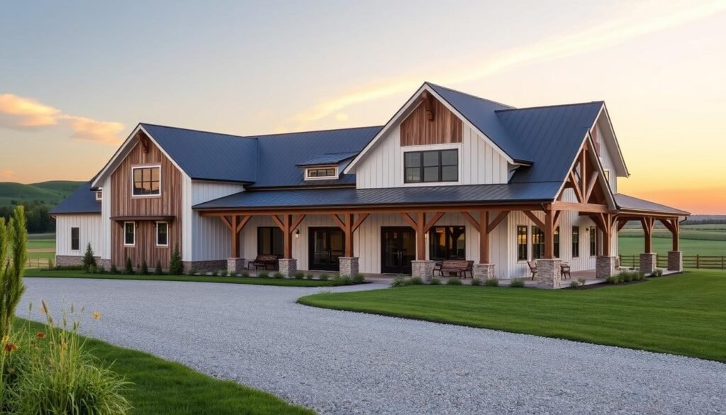 A modern farmhouse-inspired barndominium with a sleek, minimalist exterior showcasing a blend of rustic and contemporary elements. The building features a large gambrel roof, multiple gables, and a wraparound porch supported by sturdy wooden beams. The facade is adorned with a mix of weathered wood and crisp white siding, creating a charming and inviting aesthetic. In the foreground, a gravel driveway leads up to the home, surrounded by lush greenery and a few scattered wildflowers. The background depicts a serene countryside landscape, with rolling hills and a picturesque, cloudless sky bathed in warm, golden hues. The overall scene conveys a sense of peaceful, rural living with a touch of refined elegance.