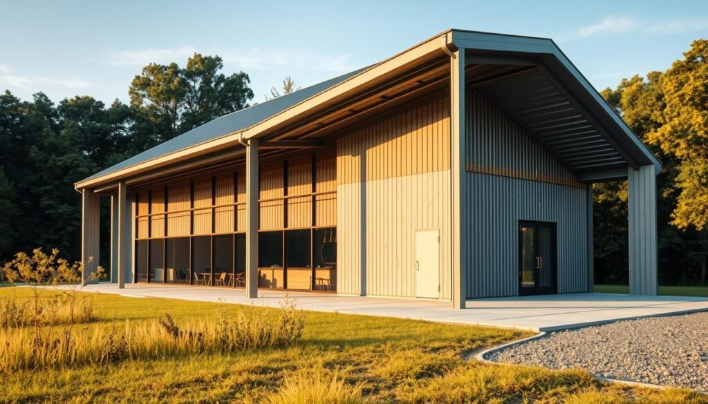 A modern, sleek metal building with a minimalist design. The structure features clean lines, sharp angles, and a harmonious blend of steel, glass, and concrete. In the foreground, a focus on the intricate façade details - the interplay of textures, the precision of the joints, and the seamless integration of the entrance. In the middle ground, the building is set against a backdrop of lush greenery, hinting at a sustainable, nature-inspired approach. Warm, natural lighting casts subtle shadows, emphasizing the architectural form. The overall atmosphere conveys a sense of innovation, functionality, and a vision for the future of rural construction. A modern, sleek metal building with a minimalist design. The structure features clean lines, sharp angles, and a harmonious blend of steel, glass, and concrete. In the foreground, a focus on the intricate façade details - the interplay of textures, the precision of the joints, and the seamless integration of the entrance. In the middle ground, the building is set against a backdrop of lush greenery, hinting at a sustainable, nature-inspired approach. Warm, natural lighting casts subtle shadows, emphasizing the architectural form. The overall atmosphere conveys a sense of innovation, functionality, and a vision for the future of rural construction.