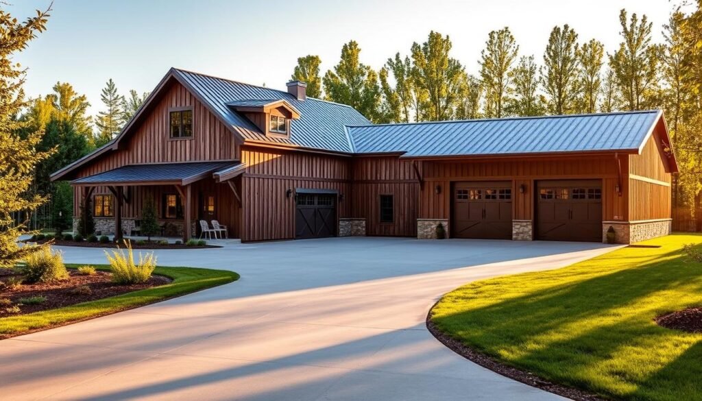 A modern, spacious 40x60 barndominium with a detached three-car garage, bathed in warm natural light. The barndominium features a rustic, weathered exterior with wooden siding and a pitched metal roof. The garage, situated to the side, seamlessly blends with the main structure, featuring a matching architectural style and materials. The driveway leads up to the garage, with ample space for parking and maneuvering. Lush greenery and landscaping surround the property, creating a picturesque and inviting atmosphere. The scene conveys a sense of rural charm and functional living, perfectly suited for the "Incorporating a Garage in Your Design" section.