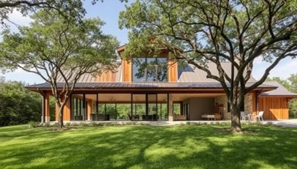 A modern, sustainably-built barndominium nestled in the lush greenery of Austin, Texas. The structure features clean lines, large windows, and a metal roof that seamlessly blends traditional and contemporary design. The spacious exterior showcases a well-manicured lawn, with a few strategically placed trees providing dappled sunlight. The warm, earthy tones of the wood and stone complement the structure's sleek, minimalist aesthetic. The interior is flooded with natural light, showcasing the open-concept layout and high ceilings. This harmonious fusion of rustic charm and modern sensibilities embodies the essence of sustainable building practices in the heart of the Texas Hill Country.