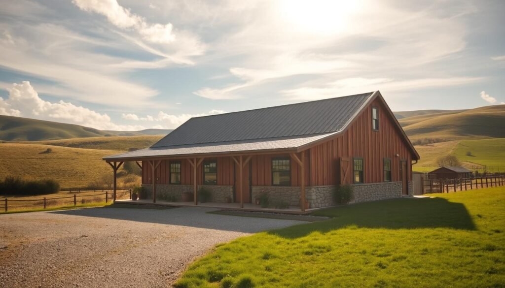 A modest countryside barndominium nestled among rolling hills, with a warm, inviting exterior of weathered wood and stone. The front porch is dotted with potted plants, and a gravel driveway leads to a small but efficient parking area. Sunlight filters through wispy clouds, casting a soft, golden glow over the scene. The interiors feature an open-concept layout with ample natural light, simple yet functional furnishings, and a cozy, homey atmosphere. The overall impression is one of unpretentious, budget-friendly living in harmony with the surrounding natural landscape.