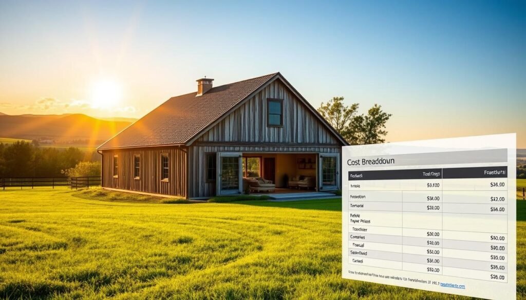 A picturesque barndominium nestled amidst a lush, rolling countryside, the sun's golden rays gently illuminating its weathered wooden facade. In the foreground, a detailed cost breakdown chart hovers, showcasing the various financial considerations associated with constructing this rustic, yet modern, countryside abode. The middle ground features a quaint, charming farmhouse-style interior, replete with cozy furnishings and warm, inviting tones. The background frames the scene with a panoramic vista of verdant fields, distant hills, and a clear, azure sky, creating a sense of tranquility and pastoral beauty. The overall mood is one of contemplative, well-researched planning, guiding the viewer through the financial realities of bringing this country living dream to life.