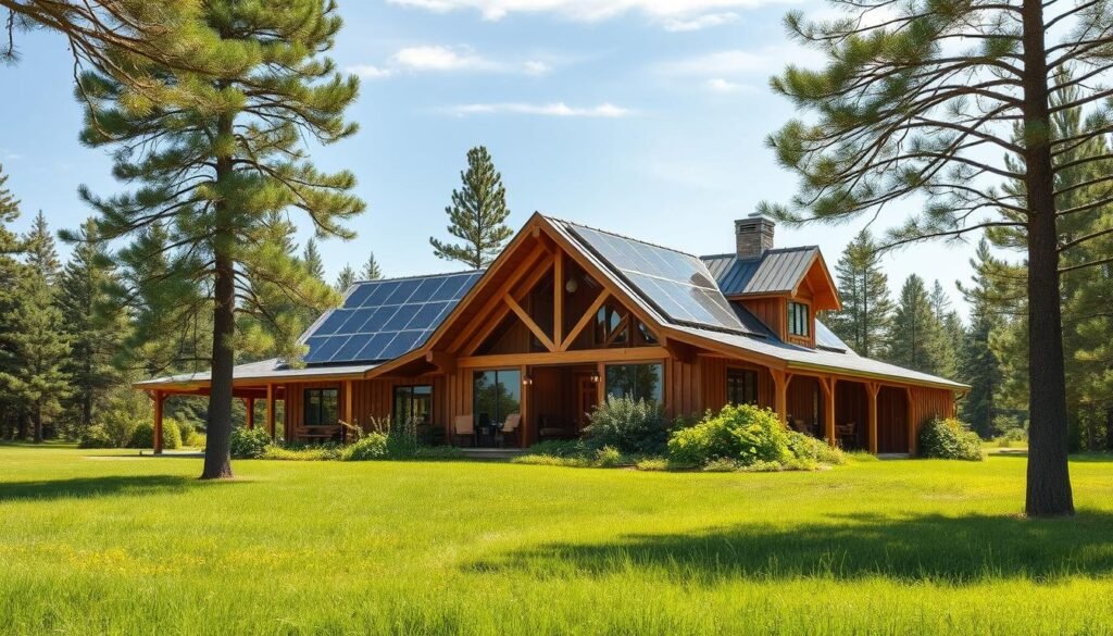 A picturesque barndominium nestled in a verdant meadow, its rustic timber frame and energy-efficient solar panels seamlessly blending with the surrounding natural landscape. Sunlight filters through large windows, illuminating the cozy interior with an inviting warmth. A wraparound porch offers a tranquil respite, while a lush vegetable garden thrives nearby, providing sustainable nourishment. Towering pines frame the scene, casting gentle shadows and contributing to the serene, eco-conscious atmosphere. The barndominium stands as a shining example of harmonious living, where modern comforts and environmental stewardship coexist in perfect harmony.