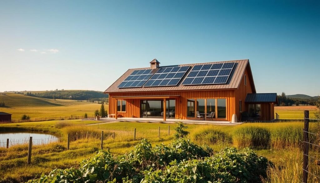 A picturesque off-grid barndominium nestled in a lush, rural landscape. The warm, weathered exterior of the timber-framed structure blends seamlessly with the surrounding meadows and rolling hills. Sunlight filters through the large windows, casting a soft glow throughout the open-concept interior. Solar panels adorn the roof, harnessing the power of the sun to provide sustainable energy for the home. In the foreground, a well-tended vegetable garden thrives, while the background features a serene pond reflecting the tranquil scene. The overall atmosphere exudes a sense of self-reliance, comfort, and harmony with the natural world.