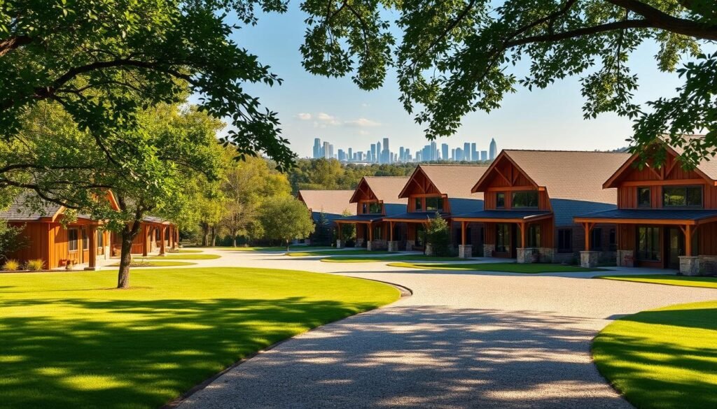 A picturesque row of barndominiums nestled in the rolling hills of Austin, Texas. The warm, earthy tones of the rustic timber frames contrast beautifully with the sleek, modern lines of the architectural design. Lush greenery frames the scene, casting gentle shadows across the meticulously landscaped lawns. Sunlight filters through the large windows, creating a welcoming, inviting atmosphere. In the foreground, a well-maintained gravel driveway leads to the charming barndominium homes, each with its own unique personality. The middle ground showcases the varied rooflines and exterior details that give each property its distinct character. In the distance, the iconic Austin skyline provides a stunning backdrop, hinting at the perfect balance of rural tranquility and urban convenience.