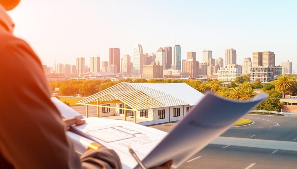 A professional architectural illustration depicting the process of obtaining zoning and permits for a barndominium construction project. In the foreground, a person reviews blueprints and paperwork, representing the administrative and regulatory aspects. The middle ground showcases a detailed 3D model of a barndominium, highlighting its unique design features. In the background, a city skyline with various buildings suggests the urban context and zoning considerations. The lighting is warm and inviting, conveying the excitement of transforming a vision into reality. The overall composition emphasizes the importance of navigating the complex landscape of zoning and permits when building a custom barndominium.