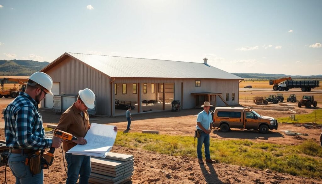 A professional, well-equipped construction team working on a Texas barndominium project. In the foreground, skilled workers use power tools and examine building plans. The middle ground showcases the partially constructed barndominium, its sleek metal siding and large windows reflecting the warm Texan sunlight. In the background, a fleet of work trucks and heavy machinery dot the rural landscape, surrounded by lush greenery and rolling hills. The scene conveys a sense of industry, expertise, and the teamwork required to bring a barndominium vision to life in the heart of Texas.