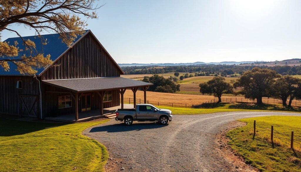 A rustic Texas barndominium nestled amidst a sprawling countryside, its weathered wood and metal exterior gleaming under the warm, golden sunlight. The structure stands tall, its pitched roof and large wraparound porch creating a welcoming, inviting atmosphere. In the foreground, a well-manicured lawn leads to a gravel driveway, where a vintage pickup truck is parked. The middle ground reveals lush, rolling hills dotted with oak trees, while the distant background is framed by a cloudless, azure sky. The scene exudes a sense of rural charm and tranquility, perfectly capturing the essence of the Texas barndominium lifestyle.