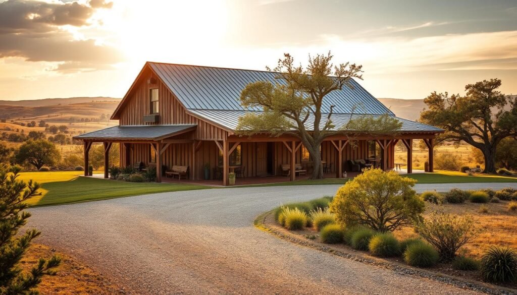 A rustic Texas barndominium nestled amidst rolling hills and vast open skies. The structure features a classic barnhouse aesthetic with a pitched metal roof, weathered wooden siding, and broad covered porches. Warm sunlight filters through the windows, casting a cozy glow over the interior's exposed beams and modern farmhouse decor. In the foreground, a gravel driveway leads to the property, surrounded by lush native vegetation and a few towering oak trees. The overall scene conveys a harmonious blend of traditional country charm and contemporary living.