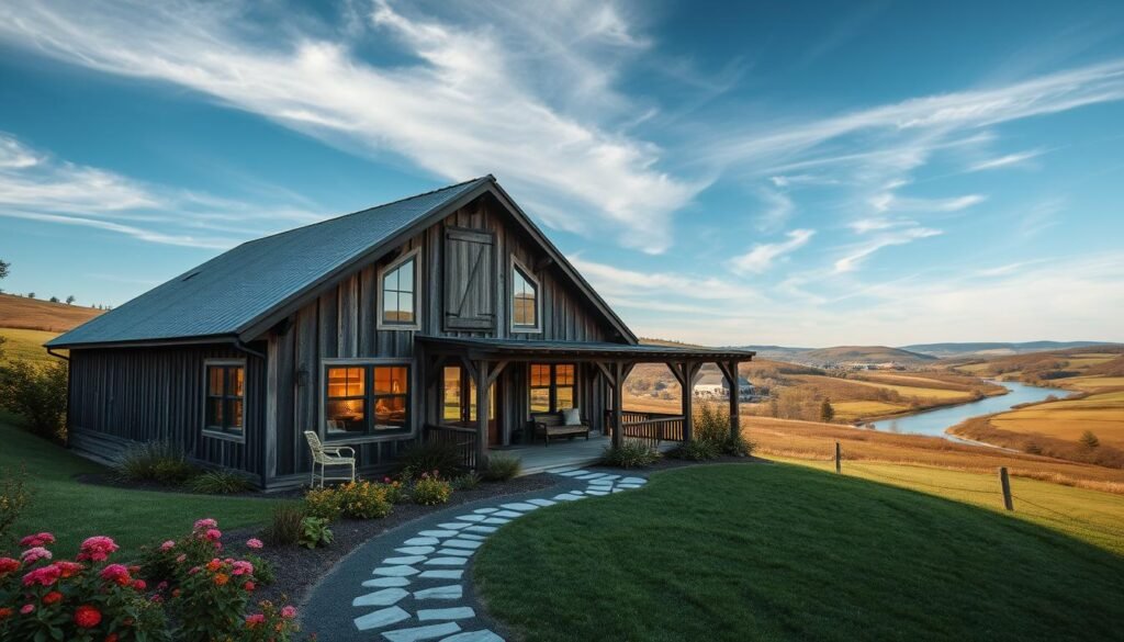 A rustic, barn-inspired home nestled in a lush, rolling countryside. The exterior features a prominent gabled roof, weathered wood siding, and large windows that flood the interior with natural light. The foreground showcases a well-tended garden, with vibrant flowers and a meandering path leading to the front door. In the middle ground, a charming porch with wooden beams and a cozy seating area. The background reveals a tranquil landscape of verdant hills, a winding river, and a clear, blue sky with wispy clouds. The overall scene exudes a sense of warmth, timeless beauty, and a harmonious blend of traditional and modern design elements.