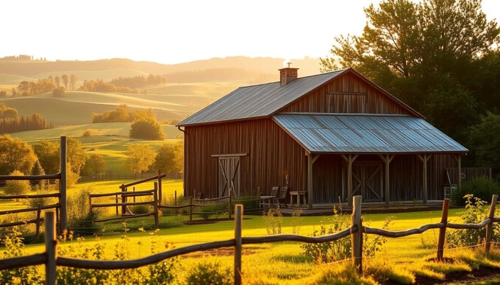 A rustic barndominium nestled in a pastoral countryside, bathed in warm, golden afternoon light. The weathered wooden exterior stands in contrast to the lush, rolling hills and verdant trees in the background. In the foreground, a well-tended vegetable garden and a picturesque split-rail fence add to the charm. Wisps of smoke rise from the chimney, hinting at the cozy, homely atmosphere within. The scene conveys a sense of tranquility and the simple pleasures of country living, inviting the viewer to imagine the joys of barndominium life.