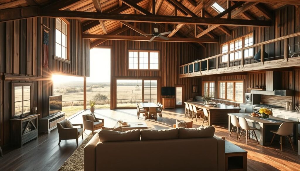 A rustic open-concept barn home set against a picturesque countryside landscape. The two-story structure features a charming exterior with weathered wood siding, large windows, and a wraparound porch. Inside, the spacious layout showcases exposed beams, a lofty ceiling, and a modern open-plan design seamlessly blending living, dining, and kitchen areas. Warm sunlight filters through the windows, casting a cozy glow over the inviting space. In the foreground, a plush sectional sofa and armchairs create a comfortable seating arrangement, while natural wood accents and greenery add pops of organic texture. The overall atmosphere is one of relaxed elegance, capturing the essence of modern barndo living.