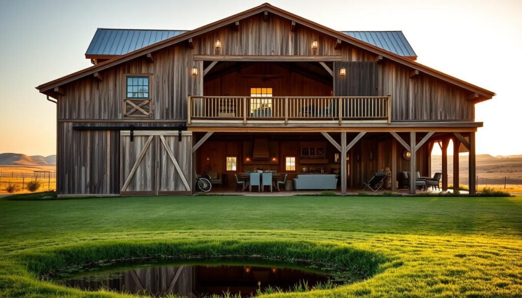 A rustic two-story barndominium set against a backdrop of rolling Texas hills, bathed in golden afternoon light. The weathered wooden exterior features a wrap-around porch and large sliding barn doors. The interior is filled with an open-concept living area, exposed beams, and modern farmhouse finishes. In the foreground, a well-manicured lawn leads to a small pond reflecting the structure's silhouette. The scene conveys a sense of peaceful, countryside living combined with the comfortable amenities of a contemporary home.