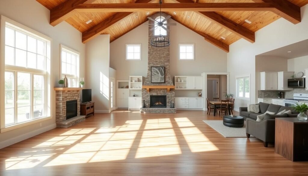 A serene and harmonious barndominium floor plan, illuminated by warm natural light filtering through large windows. The layout features a spacious open-concept living area with a cozy fireplace, a well-equipped kitchen with sleek appliances, and a designated dining space. Smooth hardwood floors and rustic wood beams create a charming, country-inspired ambiance. The plan seamlessly integrates practical storage solutions, ensuring a clutter-free and functional living space. A subtle color palette of earthy tones and muted accents complements the overall aesthetic. The scene conveys a sense of comfort, efficiency, and the perfect balance between modern and traditional design.