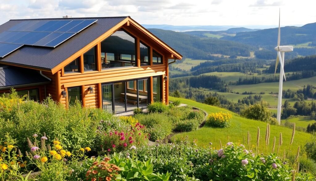 A serene and sustainable barndominium nestled amidst lush, rolling hills. The structure features a rustic, timber-framed exterior with expansive windows that flood the interior with natural light. Solar panels adorn the gently sloping roof, harnessing renewable energy. A permaculture garden thrives in the foreground, its vibrant greens and blooms complementing the earth-toned siding. In the middle ground, a small wind turbine spins lazily, contributing to the property's self-sufficient energy needs. The background showcases a panoramic view of the picturesque countryside, with meandering trails and distant wooded areas. The overall scene conveys a harmonious blend of modern design and eco-friendly living, embodying the principles of sustainable country living.