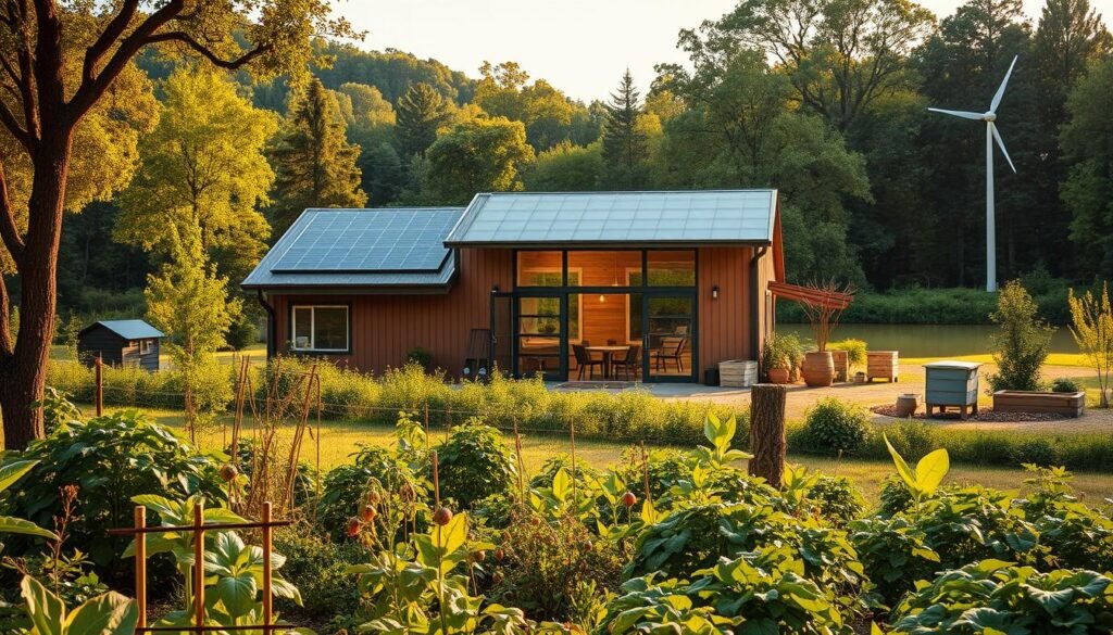 A serene, off-grid barndominium nestled amidst a lush, verdant landscape. In the foreground, a well-tended organic vegetable garden bursting with fresh produce. A solar array on the roof captures the sun's energy, powering the home's sustainable systems. In the middle ground, a chicken coop and beehives hint at self-sufficient living. The background features a tranquil pond reflecting the surrounding trees and a small wind turbine gently spinning, harnessing the breeze. Warm, natural lighting filters through the large windows, illuminating the home's earthy, minimalist design. This image conveys a harmonious, eco-conscious lifestyle, in tune with the rhythm of nature.