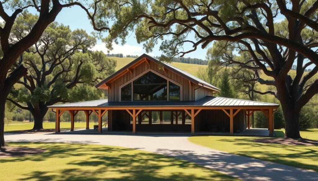 A serene, sun-dappled barndo plan, meticulously designed with a rustic charm. The structure nestled amidst lush, rolling hills, framed by towering oak trees. The architectural blueprint showcases an open-concept layout, with large windows maximizing natural light and scenic vistas. Weathered wooden beams and a pitched metal roof lend a timeless, farmhouse-inspired aesthetic. Strategically positioned to capture the essence of the surrounding landscape, this barndo plan offers the perfect canvas to build your dream home, seamlessly blending modern living with the tranquility of nature.