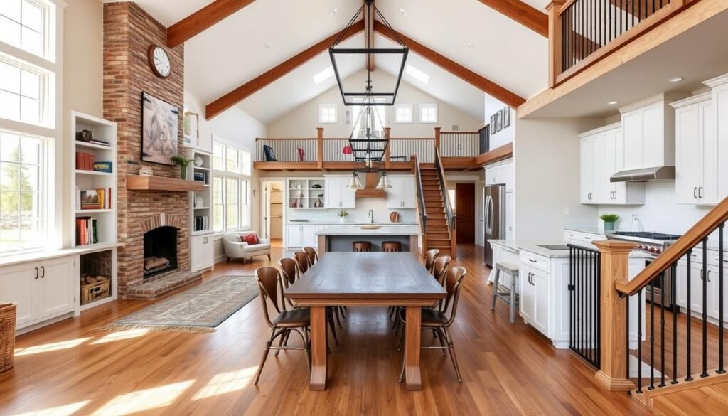 A spacious and inviting barndominium interior with rustic charm. The main living area features a cozy fireplace flanked by built-in bookshelves, accentuated by warm hardwood floors and natural lighting streaming through large windows. A modern farmhouse-inspired kitchen with white cabinets, quartz countertops, and a farmhouse sink is visible in the middle ground. The dining area showcases a wooden table with vintage-style chairs, complemented by industrial-style pendant lights. In the background, a staircase with wrought-iron railings leads to the upper level, hinting at the home's thoughtful layout and efficient use of space.
