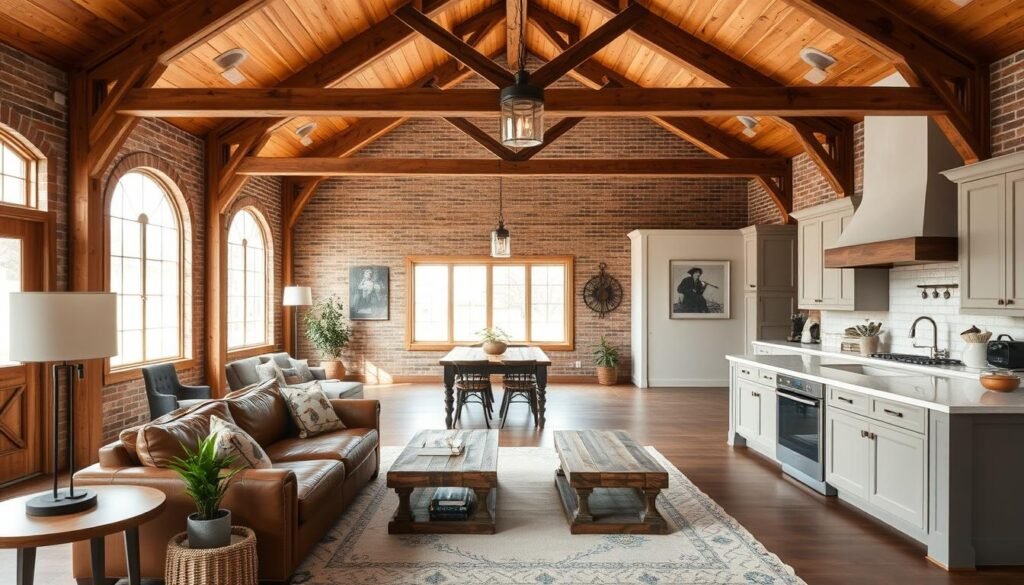 A spacious, inviting barndominium interior with rustic charm. Wooden beams and exposed brick walls create a warm, cozy ambiance. Farmhouse-inspired furnishings, like a plush leather sofa and a reclaimed wood coffee table, fill the airy living area. Soft lighting from pendant lamps and a large window provide a natural, harmonious glow. The kitchen features a modern, farmhouse-style design with shaker cabinets, quartz countertops, and a farmhouse sink. Decorative elements, such as potted plants and vintage artwork, add character and personality to the space. The overall atmosphere is one of relaxed sophistication, seamlessly blending rustic and contemporary elements.