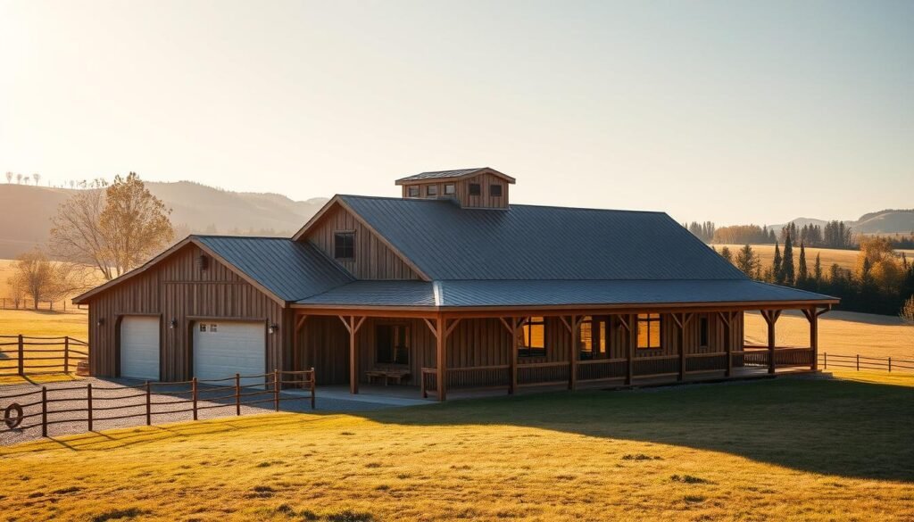 A sprawling 40x60 barndominium nestled in a serene countryside setting. The exterior features a rustic, weathered wood facade with a wrap-around porch and a two-car garage attached to the side. Soft, golden sunlight filters through the large windows, casting a warm glow over the scene. The loft above the main living area is visible, hinting at the generous interior layout. The surrounding landscape is dotted with rolling hills and mature trees, creating a picturesque and tranquil backdrop. Subtle shadows and realistic textures add depth and dimensionality to the image, capturing the essence of this practical yet charming barndominium design.