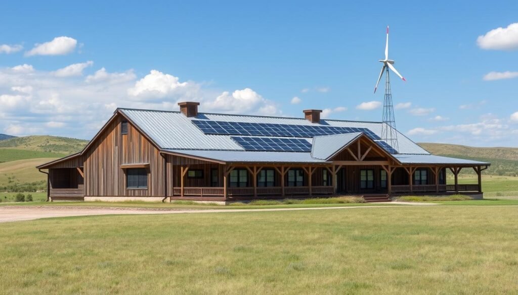 A sprawling Texas barndominium set against a backdrop of rolling hills and a cloudless sky. The structure's weathered wooden exterior and metal roof blend seamlessly with the rural landscape, exuding a sense of timeless charm. Large windows and a wraparound porch invite natural light and a connection to the outdoors. Solar panels dot the roof, harnessing the abundant Texan sunshine to power the home's sustainable energy needs. A wind turbine stands tall, gently spinning to supplement the property's clean energy production. The scene conveys a harmonious integration of modern living and eco-friendly design, showcasing the practical and aesthetic advantages of the barndominium lifestyle.