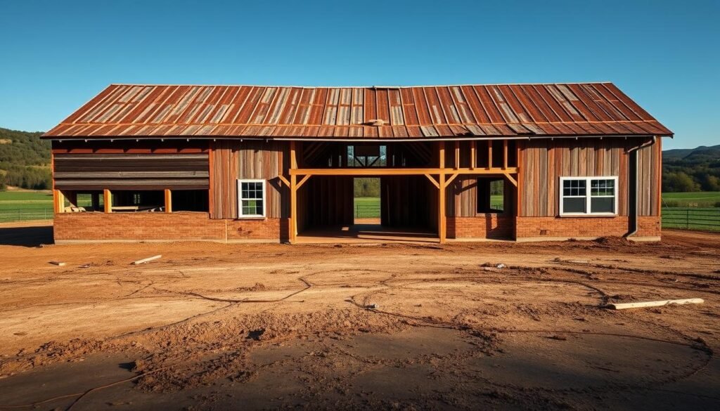 A sprawling barndominium against a rustic backdrop, showcasing common construction errors. In the foreground, a misaligned foundation and uneven walls. In the middle ground, a poorly insulated roof and leaky windows. The background depicts a lush countryside, providing context to the otherwise flawed structure. The lighting is harsh, casting dramatic shadows to highlight the issues. The overall scene conveys a sense of disappointment, a cautionary tale for those embarking on their barndominium journey. A wide-angle lens captures the full scope of the mistakes, serving as a visual guide for readers to avoid such pitfalls.