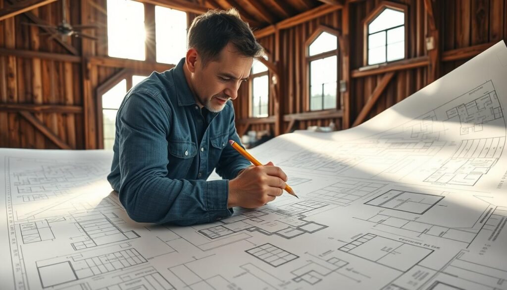 A sprawling barndominium blueprint unfurls, meticulously designed with a rustic charm. Sunlight streams through weathered wood beams, casting a warm glow over the detailed floorplan. Intricate architectural sketches line the walls, mapping out the layout of living spaces, bedrooms, and the open-concept design. A hardworking engineer scrutinizes the plans, pencil in hand, refining every line and dimension to bring the custom vision to life. The process of transforming a dream into reality is palpable, each stroke of the pen a step closer to a stunning, functional barndominium masterpiece.