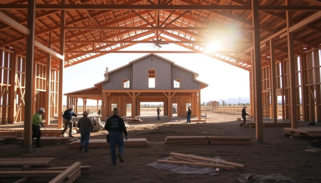 A sprawling barndominium construction site, illuminated by warm sunlight and filled with the bustle of activity. In the foreground, skilled workers erect sturdy wooden frames, their movements precise and efficient. The middle ground showcases the partial exterior, the rustic wood and metal panels taking shape, while in the background, the foundation stands as a solid anchor, ready to support the entire structure. The scene exudes a sense of progress and industrious determination, capturing the essence of the step-by-step construction process for this Texas-style barndominium.