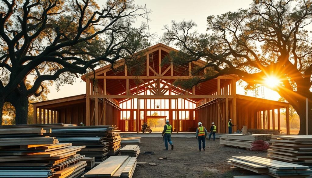 A sprawling barndominium under construction, its sturdy timber frame silhouetted against a radiant golden-hour sky. The foreground features piles of construction materials - weathered wood planks, shiny metal roofing panels, and coils of wiring - while in the middle ground, skilled workers in hard hats and high-vis vests assemble the structure with power tools. Framing the scene, mature oak trees stretch their branches overhead, casting warm, softly diffused light across the entire tableau. The atmosphere exudes a sense of rural self-reliance, where the dream of a custom-built country home is being realized through hard work and ingenuity.