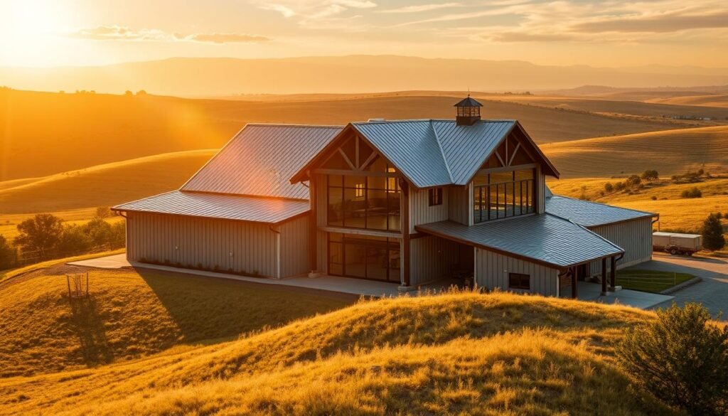 A sprawling metal-framed barndominium nestled amid the rolling Texas hills, bathed in warm, golden afternoon light. The structure features a seamless blend of rustic charm and modern industrial flair, with sleek metal siding reflecting the sun's radiance. Towering barn-style gables crown the building, while large windows and sliding doors invite the outdoors in. The scene exudes a serene, countryside ambiance, showcasing the versatility and durability of metal as a prime material for a Texas-style barndominium home.