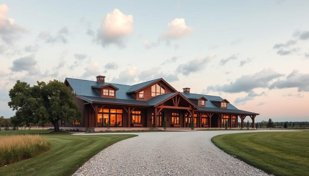 A sprawling modern barndominium set against a serene countryside landscape. The structure features a harmonious blend of rustic wood and sleek steel, with a large wraparound porch and ample windows flooding the interior with warm, natural light. In the foreground, a gravel driveway leads to the entrance, framed by lush greenery and a few mature oak trees. The sky is a soft, pastel blue, with fluffy clouds drifting overhead. The overall mood is one of tranquility, comfort, and a harmonious integration of rural charm and contemporary design.
