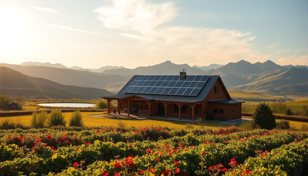 A sprawling off-grid barndominium nestled amid lush rolling hills, its solar panels catching the warm afternoon sun. In the foreground, a well-tended vegetable garden bursting with vibrant greens and vibrant hues. The cozy wooden structure, with its wide porch and large windows, blends seamlessly into the natural landscape. The middle ground features a tranquil pond, its surface reflecting the soft, golden light. In the distance, rugged mountains rise majestically, their peaks kissed by wispy clouds. The scene exudes a sense of self-sufficiency, harmony, and freedom - the essence of off-grid living.