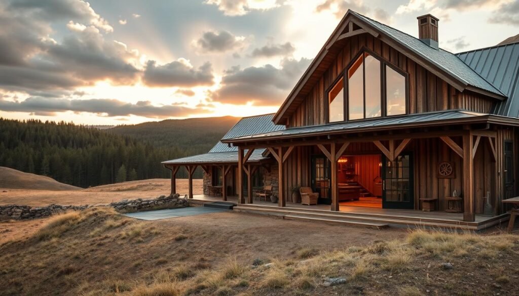 A sprawling off-grid barndominium nestled amidst rolling hills, its weathered wood exterior and metal roof seamlessly blending with the rugged landscape. Warm, natural light filters through large windows, illuminating the open-concept interior with its exposed beams and cozy furnishings. In the foreground, a covered porch offers a tranquil respite, while in the background, a lush forest provides a verdant backdrop. The scene exudes a sense of self-reliance, comfort and harmony with the surrounding environment, reflecting the key features of this energy-efficient, freedom-focused architectural style.