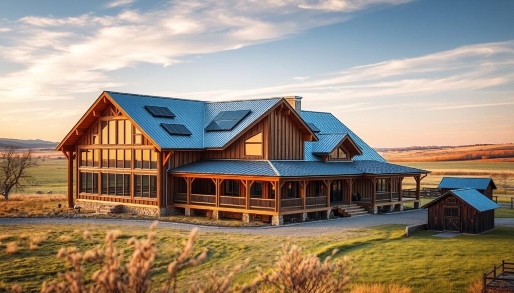 A sprawling off-grid barndominium nestled in a picturesque rural landscape. The sturdy timber frame and metal roofing create a rustic, self-sufficient aesthetic. Large windows on the front and sides flood the interior with natural light. A wraparound porch offers a tranquil space to enjoy the serene countryside views. Solar panels dot the rooftop, harnessing renewable energy to power the home. Nearby, a small garden and a well-stocked barn hint at the property's self-reliant lifestyle. The entire scene is bathed in warm, golden hour lighting, conveying a sense of peaceful, off-the-grid living.