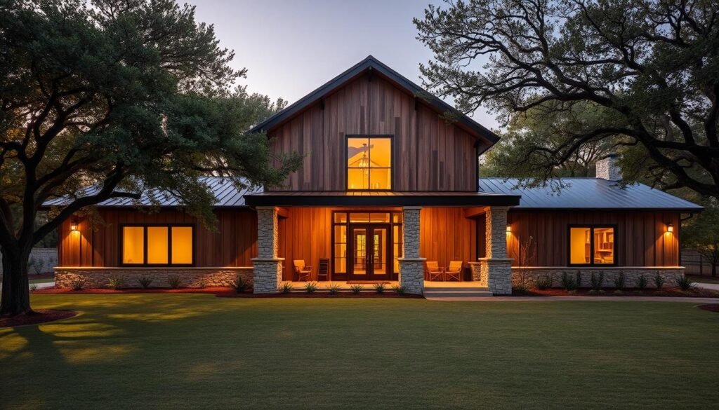 A stunningly modern barndominium nestled in the heart of Austin, Texas. The exterior features a blend of rustic and contemporary elements, with weathered wood siding, sleek metal accents, and large windows that flood the interior with natural light. The front facade showcases a covered porch with stone pillars, creating a welcoming entryway. The building is set against a backdrop of lush, mature trees, casting gentle shadows across the well-manicured lawn. Warm, directional lighting from strategically placed fixtures illuminates the property, casting a cozy ambiance. The overall scene exudes a harmonious fusion of Texas heritage and cutting-edge design, perfectly capturing the essence of Austin's vibrant architectural landscape.