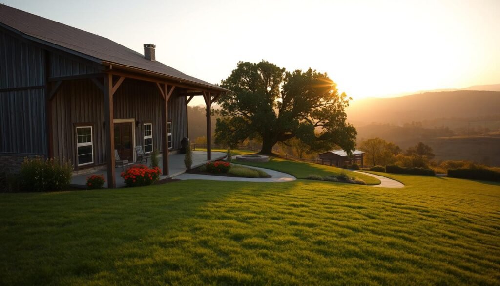 A sun-drenched barndominium nestled amidst a lush countryside, its weathered wooden facade and expansive covered porch exuding rustic charm. In the foreground, a well-manicured lawn dotted with vibrant wildflowers, while in the middle ground, a winding path leads towards a cozy seating area under a grand oak tree. The background features rolling hills and a hazy horizon, bathed in the warm glow of a golden hour sunset. The lighting is soft and natural, complementing the earthy tones of the barndominium's exterior. The camera angle is slightly elevated, providing a panoramic view of the inviting outdoor living space.