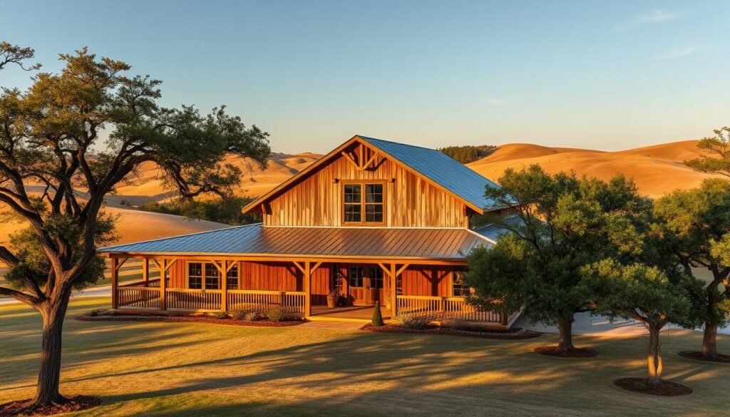 A vast and rustic Texas barndominium nestled amidst rolling hills, its weathered wood and metal facade gleaming under the warm, golden sunlight. The building stands tall, its barn-inspired design blending seamlessly with the surrounding landscape. Lush trees frame the scene, casting gentle shadows across the well-manicured yard. The structure's large windows and wraparound porch suggest a cozy, inviting interior, perfect for comfortable country living. The image conveys a sense of tranquility and the perfect balance between modern comforts and rustic charm, embodying the essence of a true Texas barndominium.