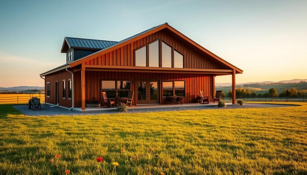 A well-designed 30x40 barndominium nestled in a picturesque rural landscape. The structure features a charming exterior with a gabled roof, rustic wood paneling, and large windows that flood the interior with natural light. In the foreground, a cozy porch with rocking chairs invites relaxation. The midground showcases a lush, green lawn dotted with vibrant wildflowers, while the background depicts rolling hills and a clear, azure sky. The scene is bathed in warm, golden hues, evoking a sense of tranquility and pastoral beauty. The overall composition captures the essence of a modern, spacious barndominium that seamlessly blends with its idyllic, countryside surroundings.