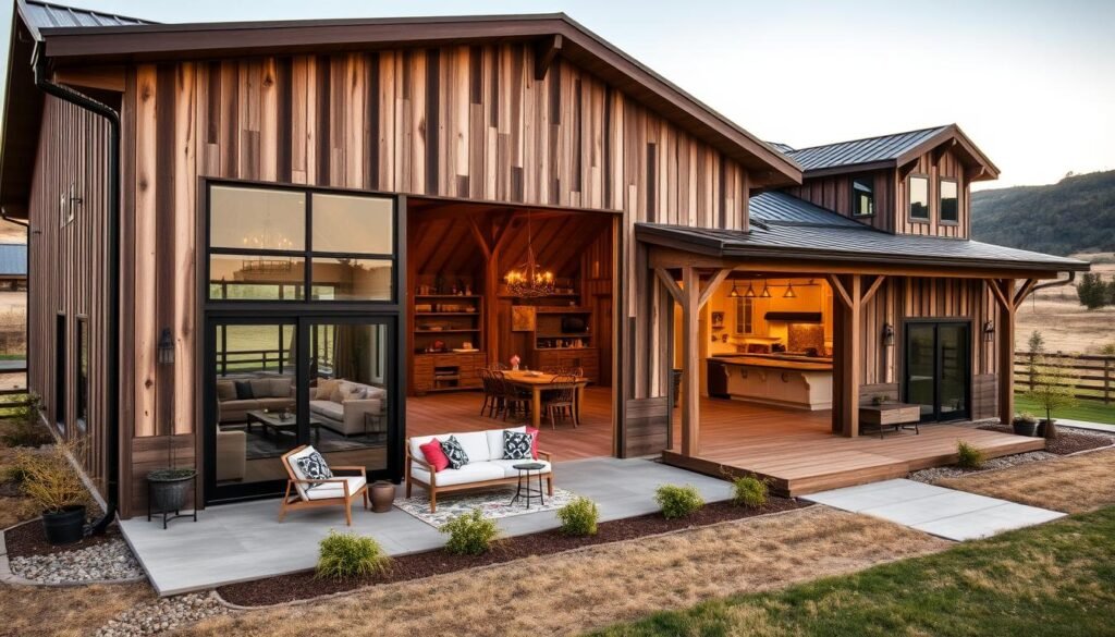 A well-designed barndominium with a rustic yet modern aesthetic, nestled against a backdrop of rolling hills and a clear sky. The exterior features a balanced combination of weathered wood, sleek metal accents, and large windows that flood the interior with natural light. The front porch offers a cozy seating area, inviting visitors to linger and take in the peaceful countryside setting. The layout showcases an open-concept floor plan, seamlessly integrating living, dining, and kitchen spaces. Soft lighting casts a warm glow, complementing the rich, wooden tones throughout. Carefully placed furniture and decor reflect a harmonious blend of farmhouse charm and contemporary style, creating a truly inviting and personalized living space.