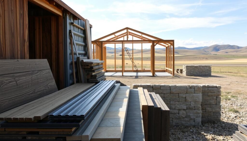 A well-lit, high-quality photograph showcasing a variety of popular building materials for barndominiums. The foreground features a selection of wood planks, metal sheets, and stone tiles, neatly arranged to highlight their textures and colors. The middle ground displays a partially constructed barndominium frame, allowing viewers to envision the integration of these materials. In the background, a scenic rural landscape with rolling hills and a clear sky sets the stage, conveying the harmonious blend of modern and rustic elements. The image is captured with a wide-angle lens, providing a comprehensive view of the materials and their potential application in barndominium construction.