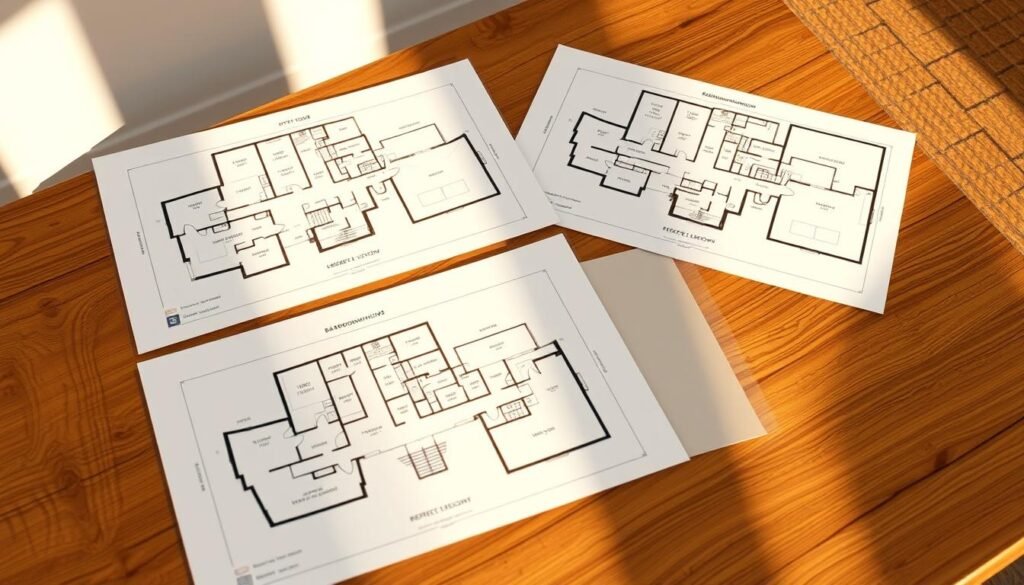 A well-lit, high-resolution architectural rendering of a series of barndominium floor plans, showcasing various layout options. The plans are presented on a wooden table, with a clean, minimal background. The plans are detailed and clearly legible, highlighting key features such as the open-concept living spaces, efficient kitchen designs, and versatile multi-purpose rooms. Warm, natural lighting illuminates the plans, creating a cozy and inviting atmosphere that evokes the rustic charm of a barndominium lifestyle. The overall composition conveys a sense of practicality, functionality, and design excellence that aligns with the introduction to barndominiums.