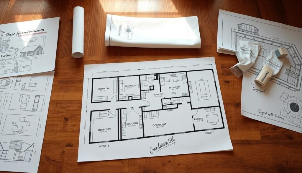 A well-organized barndominium floor plan displayed on a wooden surface, with architectural blueprints and design sketches scattered around. The plans showcase the layout, dimensions, and key features of the structure, including an open-concept living area, spacious bedrooms, and a modern kitchen. Soft, natural lighting from a window or skylight illuminates the scene, creating a warm and inviting atmosphere. The overall composition emphasizes the attention to detail and the careful planning required to create an efficient and visually appealing barndominium design.