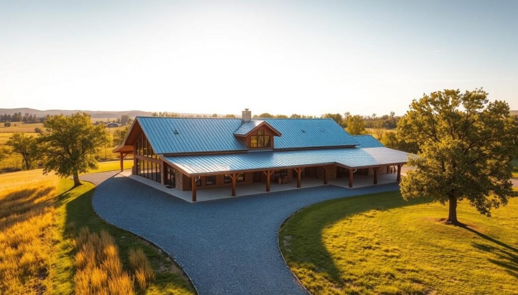 A wide-angle aerial view of a spacious, modern barndominium nestled in a picturesque rural landscape. The structure features a blend of rustic and contemporary design elements, with a large metal roof, wide overhanging eaves, and expansive windows that flood the interior with natural light. The barndominium is surrounded by a lush, rolling meadow dotted with mature trees, and a gravel driveway leads up to the entryway. The scene is bathed in warm, golden sunlight, creating a cozy and inviting atmosphere. The overall composition emphasizes the harmonious integration of the barndominium with its natural surroundings, showcasing the practical and aesthetically pleasing qualities of this unique style of home.