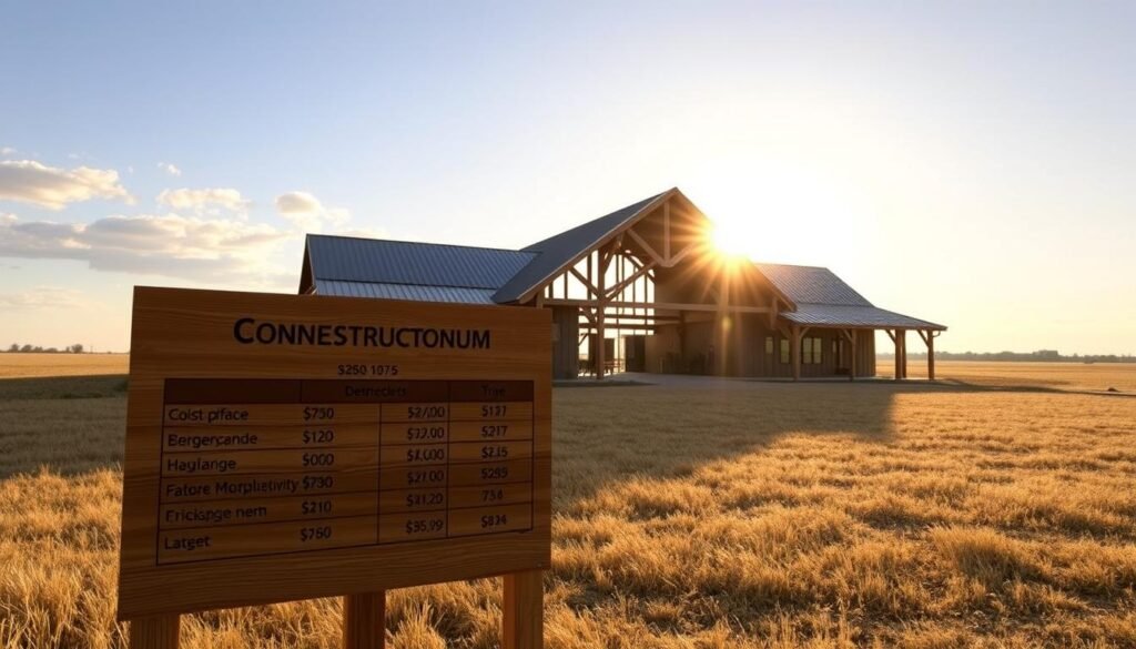 A wide, open field under a bright, cloudless Texas sky serves as the backdrop for a meticulously crafted barndominium. In the foreground, a detailed breakdown of construction costs is displayed on a large, wooden sign, showcasing the various expenses associated with building this unique hybrid structure. Warm, golden sunlight filters through the barn's elegant timber frame, casting long shadows and highlighting the seamless integration of modern and rustic elements. The overall composition conveys a sense of practicality, attention to detail, and the financial considerations essential for a successful barndominium project in the heart of the Lone Star State.
