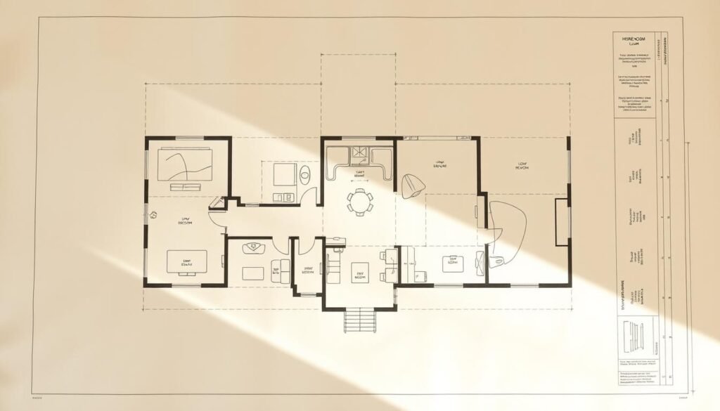 An architectural blueprint of a modern "barndo" home plan, showcasing a harmonious fusion of rustic charm and contemporary design. The image depicts a detailed floor plan, with clear delineation of the living spaces, bedrooms, and outdoor areas. Rendered in a warm, earthy color palette, the plan exudes a cozy, inviting atmosphere, perfect for a dream home. Subtle lighting casts gentle shadows, highlighting the structural details and creating a sense of depth and dimensionality. The overall composition is clean, well-organized, and highly informative, providing a comprehensive visual reference for a prospective barndo builder.
