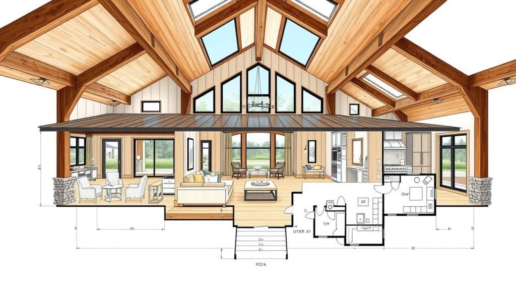 An architectural blueprint of a modern barndominium floor plan, showcasing a harmonious blend of rustic charm and contemporary design. The plan depicts an open-concept layout with a spacious living area, a well-equipped kitchen, and a series of bedrooms and bathrooms. Warm wooden beams and natural stone accents create a cozy ambiance, while large windows and skylights flood the space with natural light. The plan is presented in a detailed, technical style, drawn with precision and attention to scale, allowing for easy visualization of the customizable layout. The overall mood is one of comfortable sophistication, reflecting the unique character of the barndominium design.