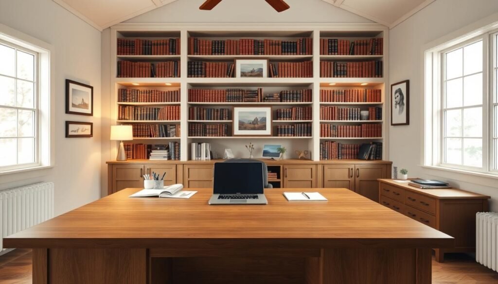 An interior rendering of a well-stocked barndominium home office or study. A large L-shaped desk dominates the foreground, its smooth wooden surface holding a laptop, papers, and office supplies. Behind it, floor-to-ceiling bookshelves line the walls, filled with leather-bound volumes. Soft, warm lighting filters in through large windows, casting a cozy glow over the space. Framed artwork and photographs decorate the walls, reflecting the owner's personal style. The room conveys a sense of productivity and comfort, with a balanced mix of modern and rustic elements. The overall atmosphere is one of a well-appointed, functional workspace within a charming, country-style home.