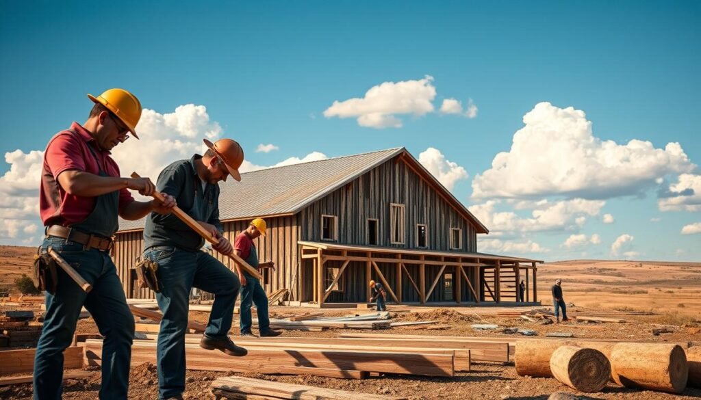 Barndominium builders in Texas, diligently constructing rustic yet modern structures amidst the rolling hills. In the foreground, skilled workers measure and cut timber, their movements precise and efficient. The middle ground features a partially completed barndominium, its weathered wood and metal roofing blending seamlessly with the surrounding landscape. In the background, a clear blue sky with fluffy clouds creates a tranquil, picturesque setting. Warm, natural lighting illuminates the scene, casting soft shadows and highlighting the craftsmanship of the builders. The atmosphere conveys a sense of hard work, expertise, and the pride of creating a unique, functional, and aesthetically pleasing living space.